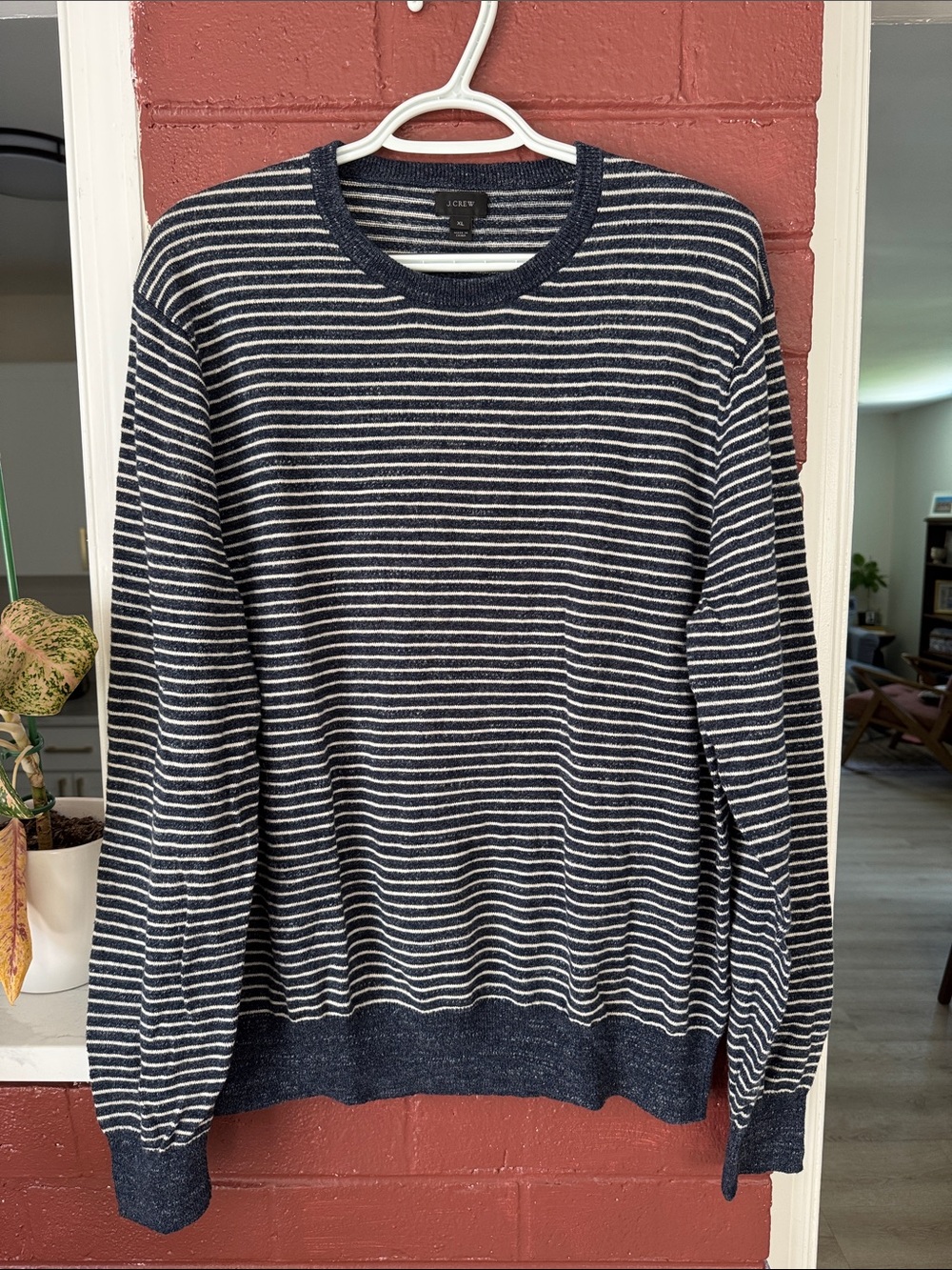 J. Crew 100% Cotton Navy and White Striped Crewneck Sweater XL